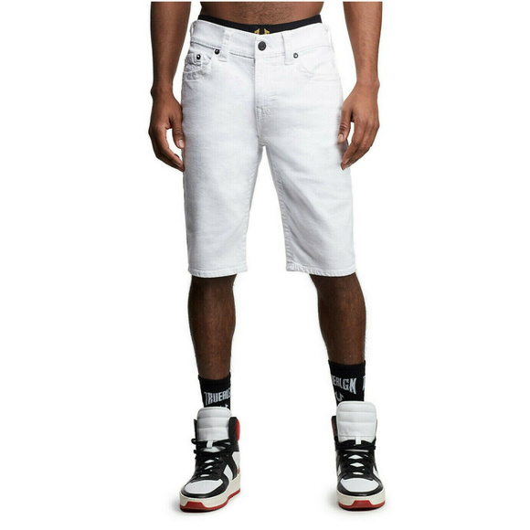 True Religion Men's Ricky Big T Relaxed Straight Fit Denim Shorts in White